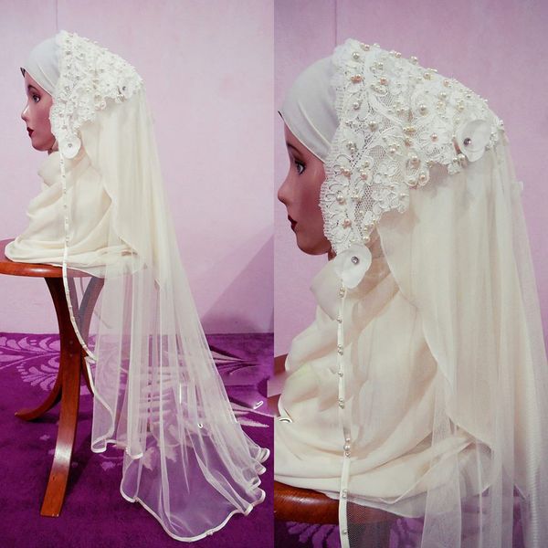 

elegant arabic muslim bridal veil with pearls lace bridal hijab dubai saudi arab wedding veil ing, Black
