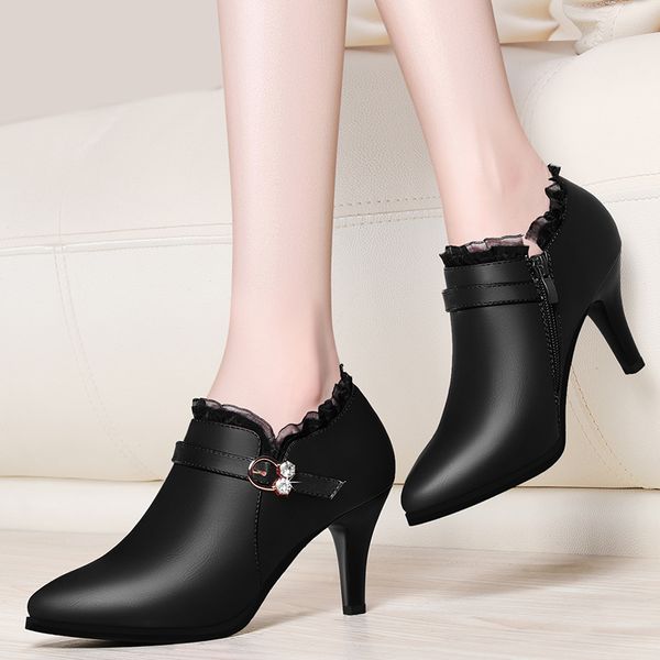 

plus size women pumps rhinestone buckle boat shoes genuine leather dress shoes pointed toe ladies office yg-b0005, Black