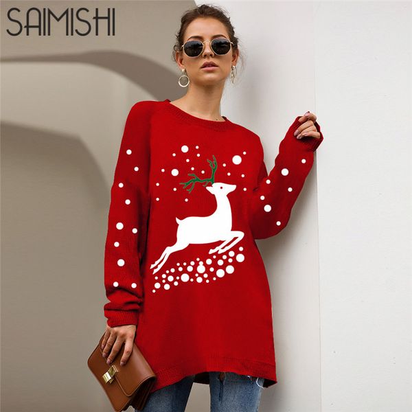 

saimishi reindeer print long xmas sweater women autumn winter long sleeve knitted pullovers ladies casual loose christmas jumper, White;black