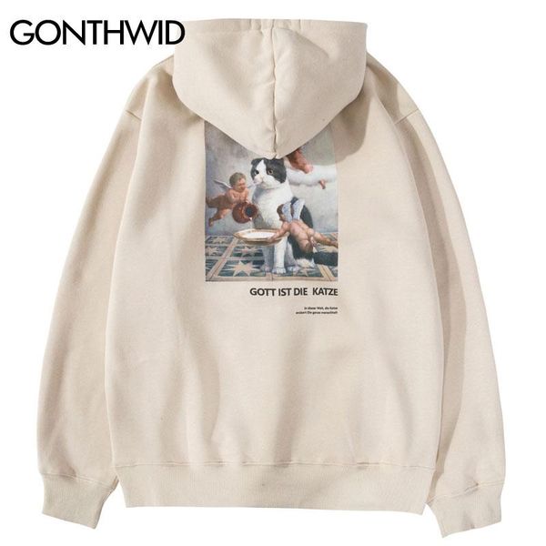 

gonthwid забавные ангелы cat печать толстовки толстовки harajuku hip hop повседневный пуловер с капюшоном streetwear 2019 мужчины мода топы, Black
