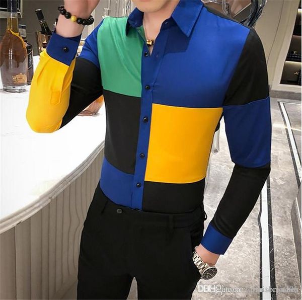

color panelled mens designer shirt fashion patchwork slim printed long sleeve shirts casual mens spring, White;black
