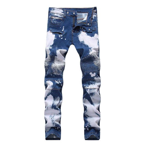 

2019 men distressed ripped jeans fashion designer straight motorcycle biker jeans causal denim pants streetwear style mens jeans cool 40 42, Blue