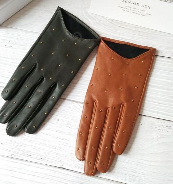 

women' spring autumn natural sheepskin leather gloves female genuine leather punk style rivet motorcycle driving gloves r755, Blue;gray