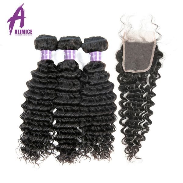 

brazilian deep wave hair weave 3 bundles with pre plucked 4*4 lace closure human hair bundles alimice non remy extensions, Black;brown