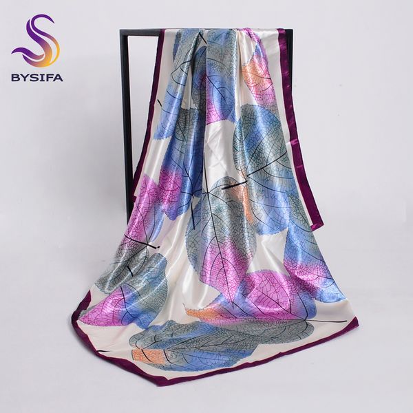 

bysifa] new spring silk scarf shawl fashion accessorries muslim women head scarf 90*90cm elegant leaves pattern square scarves, Blue;gray