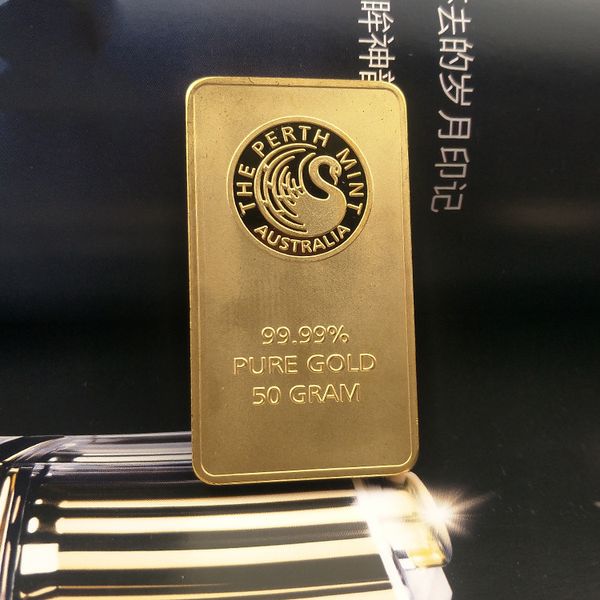 

Non magnetic Australia The Perth Mint 24k gold plated perth mint bullion bar, replica gold bar-weight 50 gram
