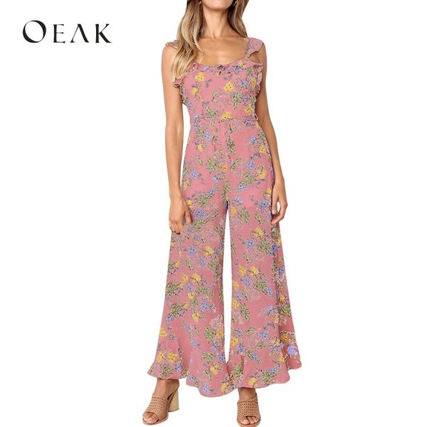 

oeak 2019 women sleeveless floral print loose jumpsuit ruffled strap backless wide leg long pant summer casual romper, Black;white
