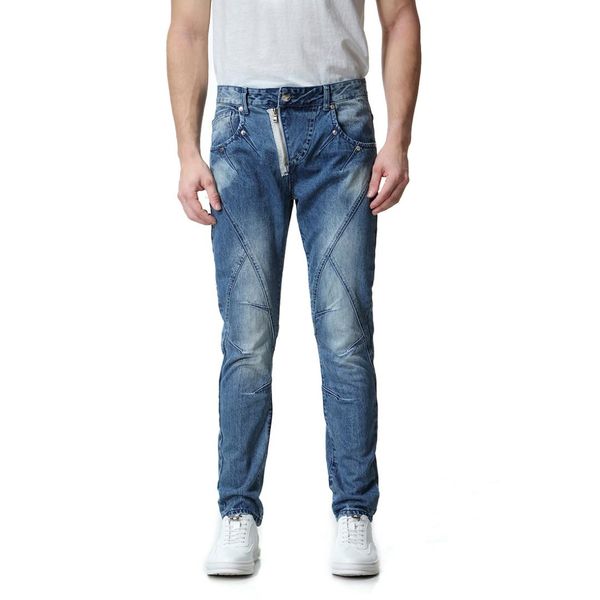 

new style large size men's jeans washing faded cowboy trousers oblique zipper cool pants xy1003, Blue