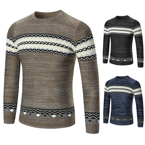 

winter new men's ethnic style printing size round neck pullover sweater tide male color matching sweater sweater, White;black