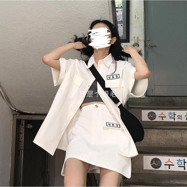 

двухсекционный короткими рукавами рубашки юбка костюм одной кнопки turn down воротник блуза мини-юбки летние новые японок, White