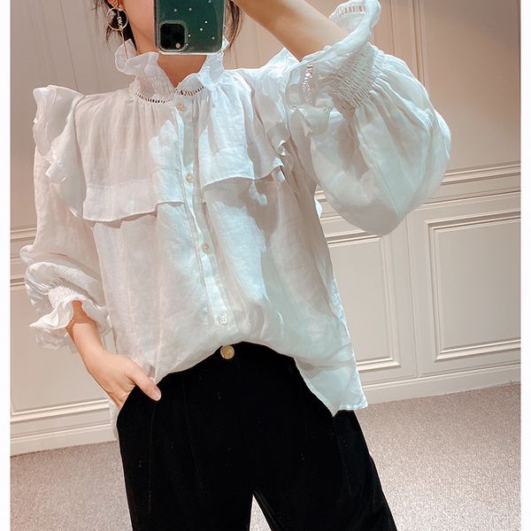

black and white color women's ruffles patchwork blouse hollow out stand collar long flare sleeve buttons office lady shirt 2020