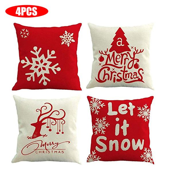 

4 pcs christmas throw pillow case elk santa claus snowflakes cotton linen pillow cover for christmas decoration