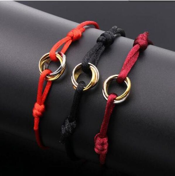 Braccialetti con ciondoli Stringa rossa Braccialetti con corda Macrame fatti a mano Cubo Micro tre cerchi Zircone Bracciale amore Donna Uomo Gioielli GB1220