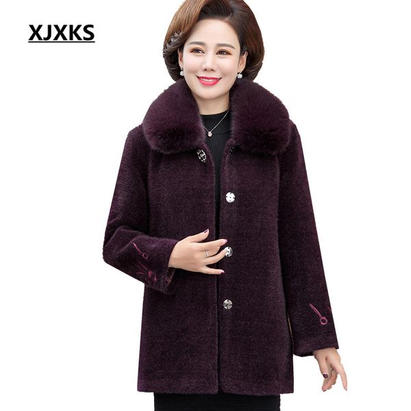 

xjxks new 2019 winter thick warm comfortable women woolen coat loose plus size fashion embroidery large fur collar women coat, Black