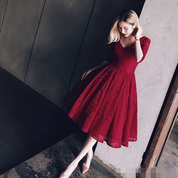 

2020 vintage dark red lace prom dresses v neck a line 1/2 sleeves plus size formal occasion wear tea length evening party gown, Black