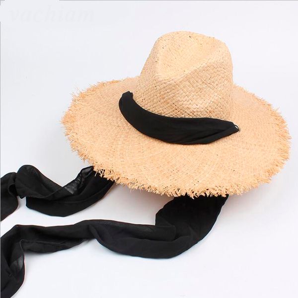 

new floppy 100%raffia sun hats for women black ribbon lace up large brim straw hat outdoor beach summer caps chapeu feminino, Blue;gray