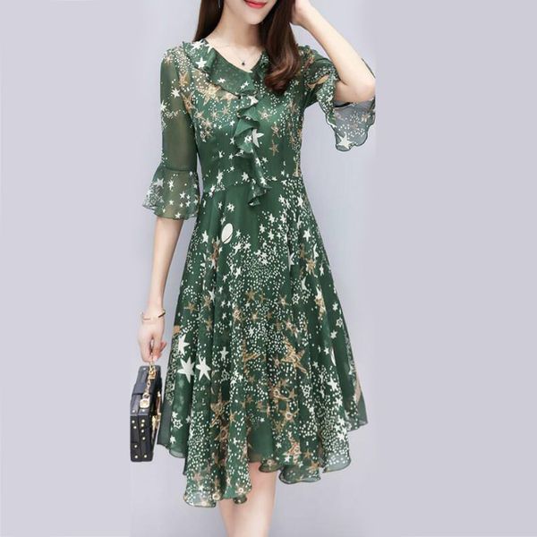 

Summer Floral Print Dress Women Casual Dress Chiffon Flower Pattern V Neck Ruffle Tunic Elegant Empire High Waisted Woman Dress
