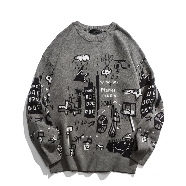 

men's sweater 2020 new spring fashion print cartoon sweater pull homme casual loose vintage pullover men round neck, White;black