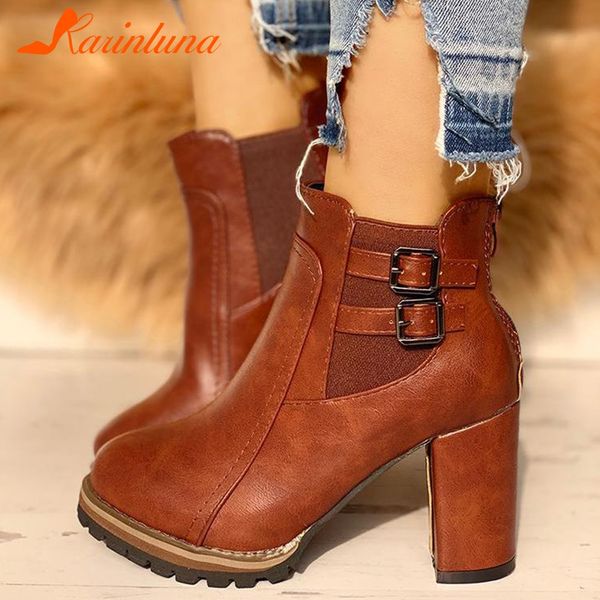 

karin 2019 dropship fashion big size 43 ankle boots woman shoes buckles chunky high heels office women boots female shoes, Black