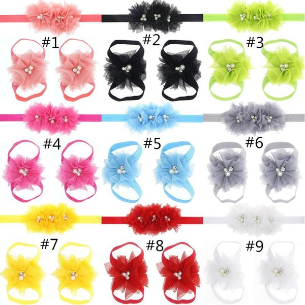 

10sets/lot ,10cm three-piece set of lace headband and foot band mesh rhinestone pearl flower with headband, Slivery;white