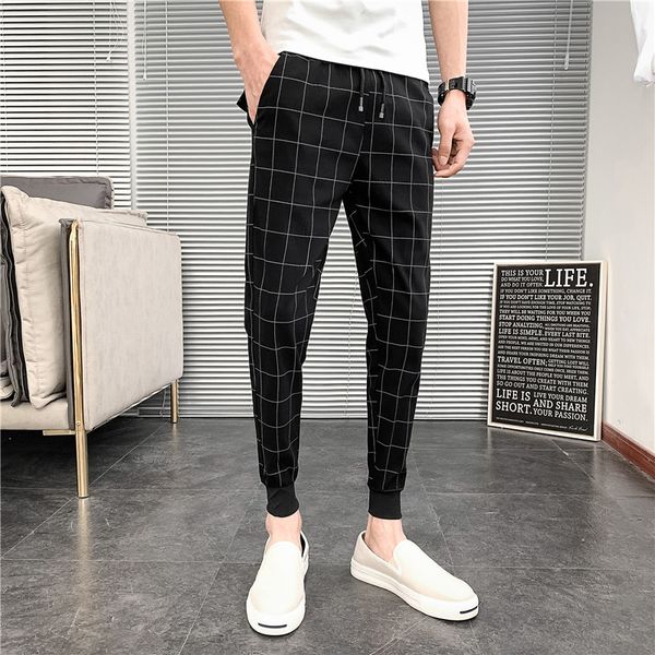 

korean summer plaid pants men new 2020 slim fit mens casual harem pants streetwear simple men joggers black trousers