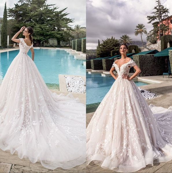 

off the shoulder lacefull lace a line wedding dresses tulle appliques beading summer beach wedding bridal gowns vestidos de novia 2020, White