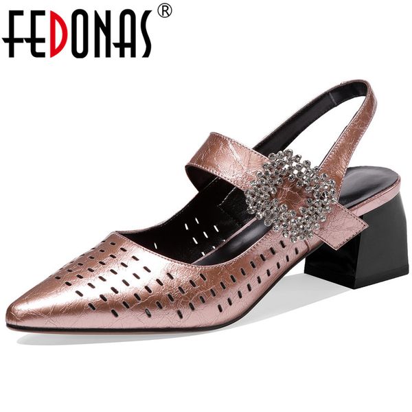 

fedonas rhinestone glitters genuine leather ladies shoes summer thick heels pumps 2020 famale pointed toe shoes woman, Black