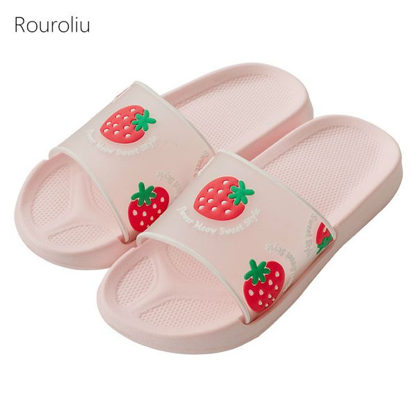 

rouroliu 2020 women fruit slippers summer non-slip home shoes flip flops cartoon sandals female bathroom slides, Black