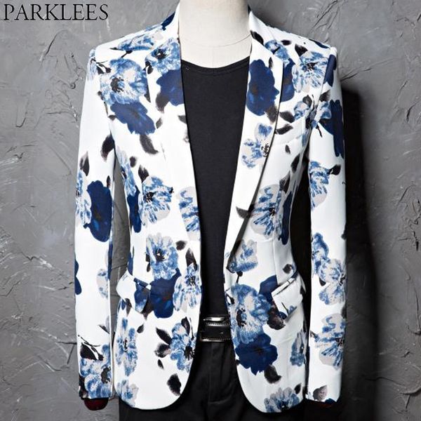 

stylish blue floral print white blazer men 2019 brand one button slim wedding party festival mens blazer jacket costume homme, White;black