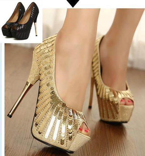 

new spring glitter waterproof platform high heels elegant stiletto heels 14cm shinning gold sequined heels epacket ing, Black