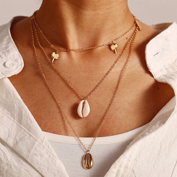 

style new alloy shell necklace creative retro simplicity coconut tree penda pendant multi-layer jewelry wholesale women gilr's gift