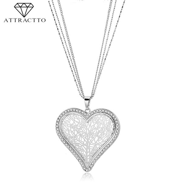 

attractto silver heart tree of life long chain necklace pendants charms for women stainless steel statement necklace sne180009