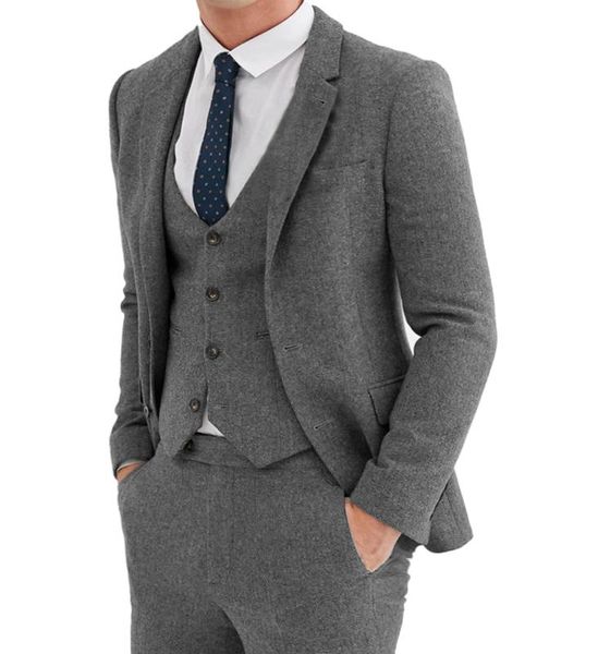 

men's suits & blazers grey suit 3 pcs vintage notch lapel herringbone tweed tuxedos for wedding custom size (blazer+vest+pants), White;black