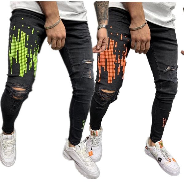 

mens designer large size hole zipper leggings fashionable black printed denim pants jeans, Blue
