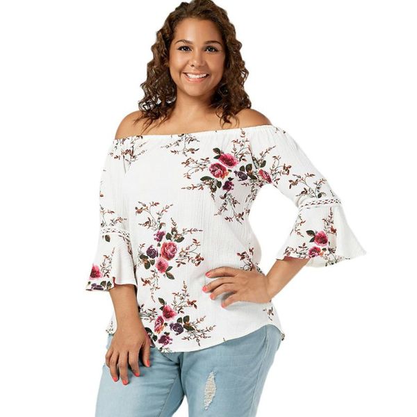 

plus size 5xl summer womens and blouses chiffon floral print off shoulder flare sleeve shirt tunic for women clothes 2018, White