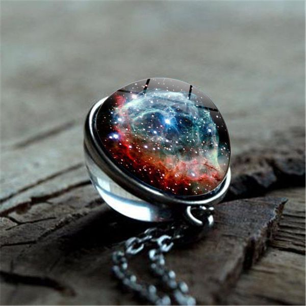 

2019 new nebula galaxy double sided pendant necklace universe planet jewelry glass art picture handmade statement necklace, Silver