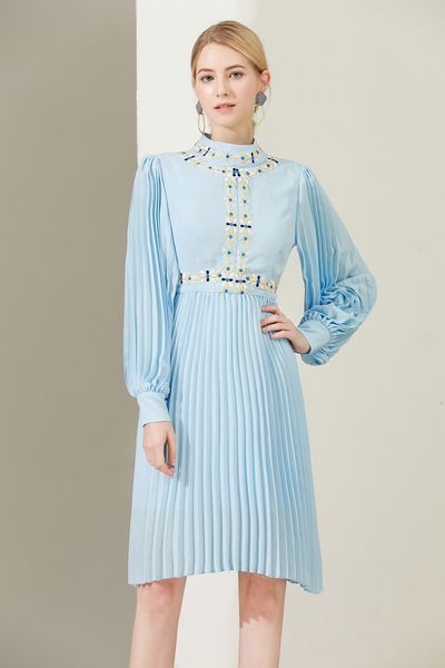 

milan runway dress 2020 spring summer stand collar long sleeve print designer dress brand same style dress 0302-15, Black