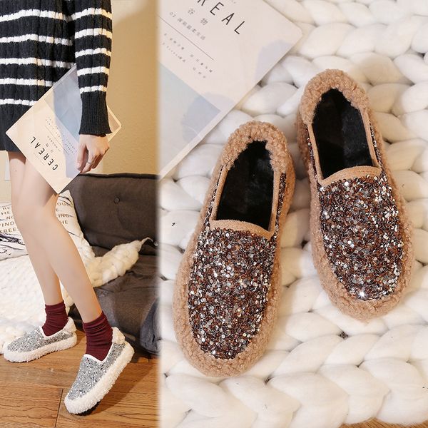 

winter warm shoes women's flat fur suede winter furry plush ladies fashion sewing woman soft shallow female casual bling hoes, Black