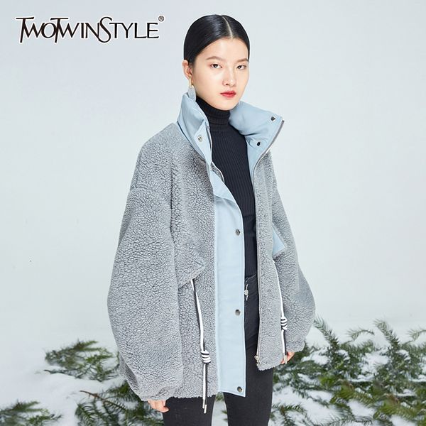 

twotwinstyle patchwork hit color women's coats lapel collar lantern long sleeve drawstring loose jackets female fashion 2019 new, Black;brown