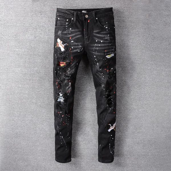 

new mens jeans embroidered stretch jeans black fashion splash ink ripped distressed slim pencil pants motorcycle pants, Blue