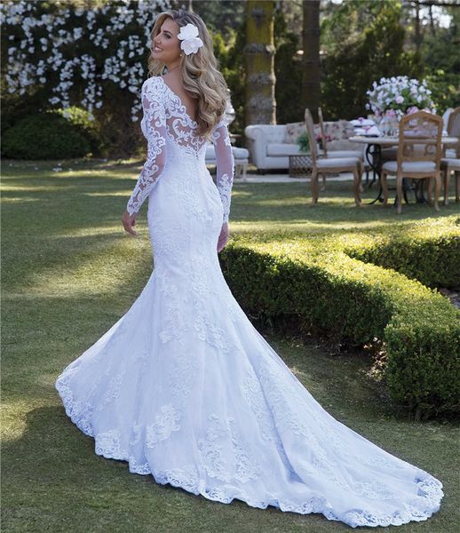 Sexy Hochzeitskleid Meerjungfrau Langarm Spitze Perlen Applikationen Wunderschönes 2020 Neues Design Brautkleider nach Maß