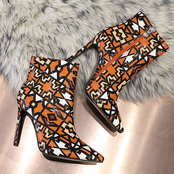 

women zipper boots snake print ankle boots thin heel fashion pointed toe ladies shoes 2019 new 4438, Black