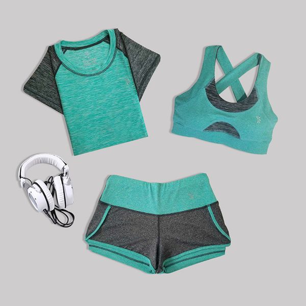 

women 3 piece yoga sets bra+t shirt+shorts sport wear workout clothes for women gym clothing slim fitness set jogging femme, White;red