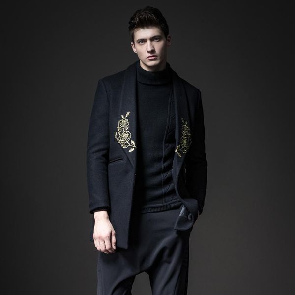 

new casual men's male man winter 2019 embroidered long woolen coat black tide s174102113