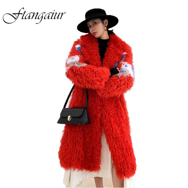 

ftangaiur 2019 импортированные турецкие рулонные шерстяные шубы отложным воротником печати цветок женщин x-длинные реальные тосканские шерст, Black