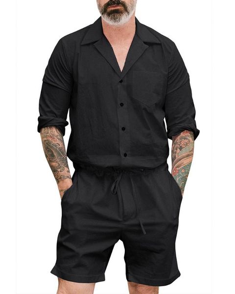 

japanese new solid color casual short sleeve summer men's short sleeve street casual overalls jumpsuit, Black