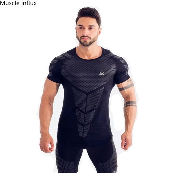 

quick dry rashgard sport shirt men slim fit compression short sleeve men's running t-shirts gym training sportswear, Black;blue
