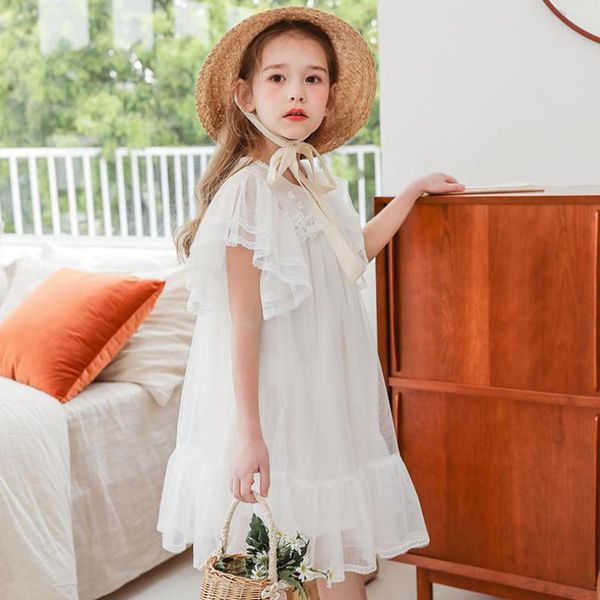 

summer girls kids children sweet mesh princess dress delicate lace floral round neck elegant layered puff sleeve dot design, Red;yellow