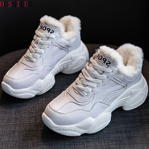 

genuine leather chunky sneakers shoes women white casual shoes women sneakers 2019 winter platform snow shoe plush fur, Black