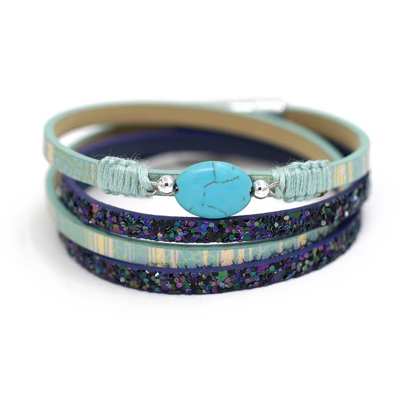 

fashion woman multilayer leather sparkling sequins bangles bracelets natural shell stone bracelet jewelry, Golden;silver